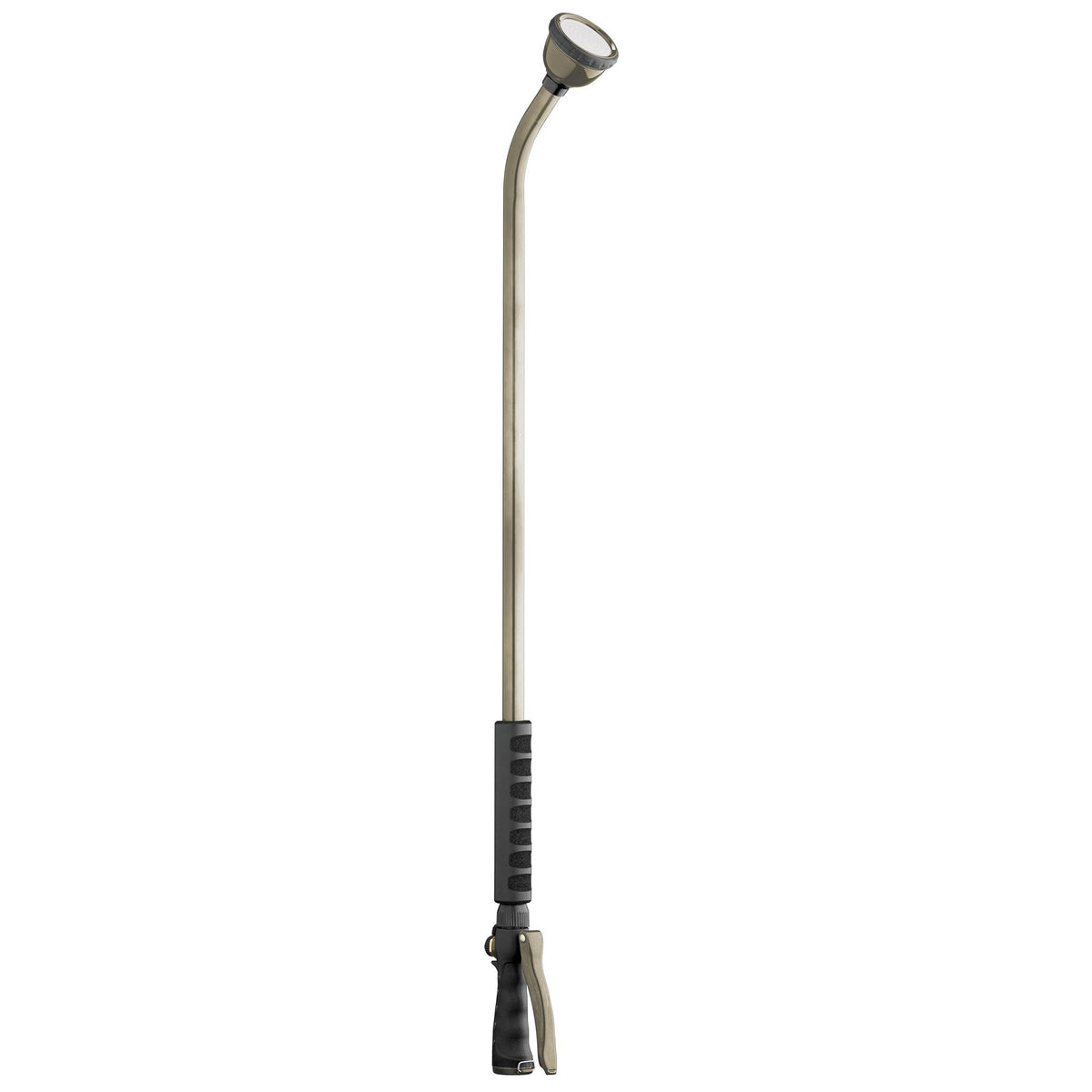 Long metal watering wand with angled shower head, black grip and front trigger