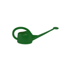 Green watering can with a long narrow spout, small rose and large curved handle