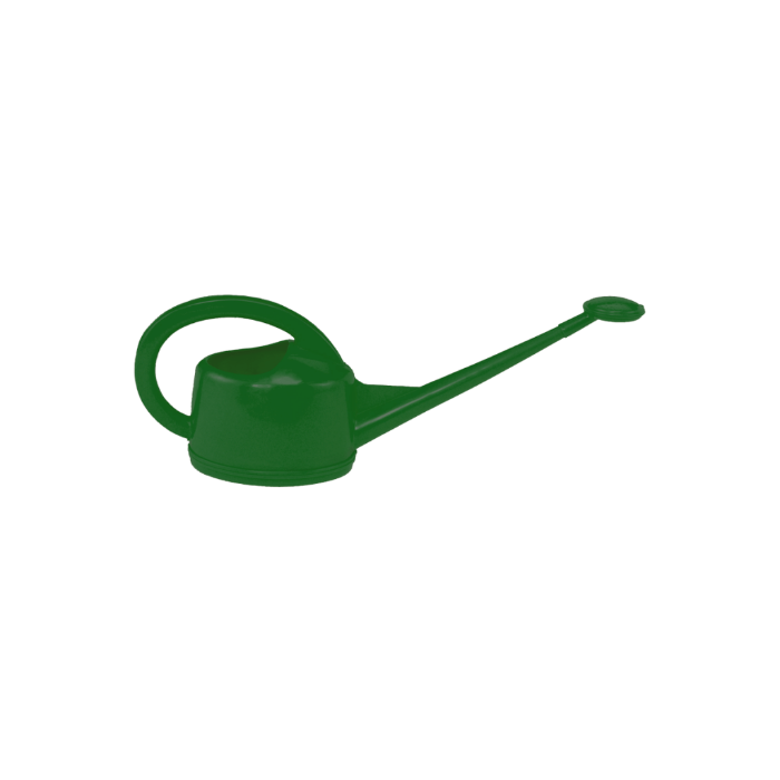 Green watering can with a long narrow spout, small rose and large curved handle