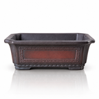 Dark rectangular bonsai pot with framed geometric border and broad low feet