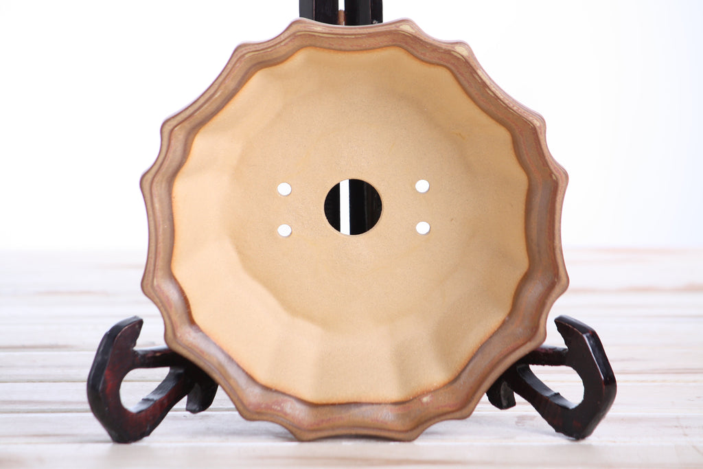 Interior view of the warm tan-brown flower-shaped bonsai pot showing a central drainage hole and four smaller openings