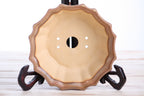Interior view of the warm tan-brown flower-shaped bonsai pot showing a central drainage hole and four smaller openings