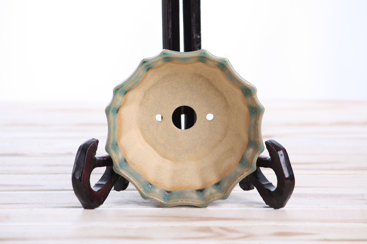 Interior view of the muted moss-green flower-shaped bonsai pot showing a central drainage hole and two smaller openings