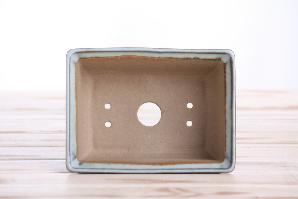 Interior view of the pale blue rectangular bonsai pot showing a central drainage hole and four smaller openings