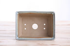 Interior view of the pale blue rectangular bonsai pot showing a central drainage hole and four smaller openings