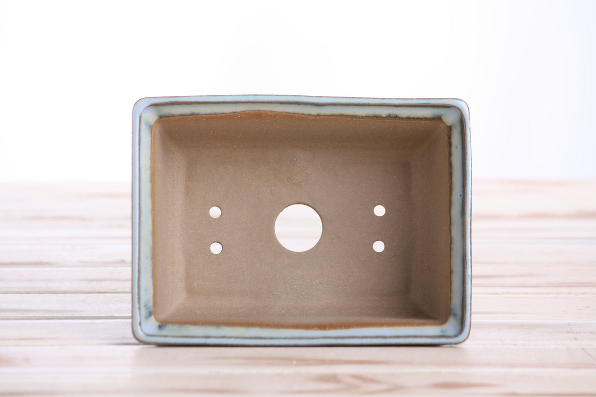 Interior view of the pale blue rectangular bonsai pot showing a central drainage hole and four smaller openings