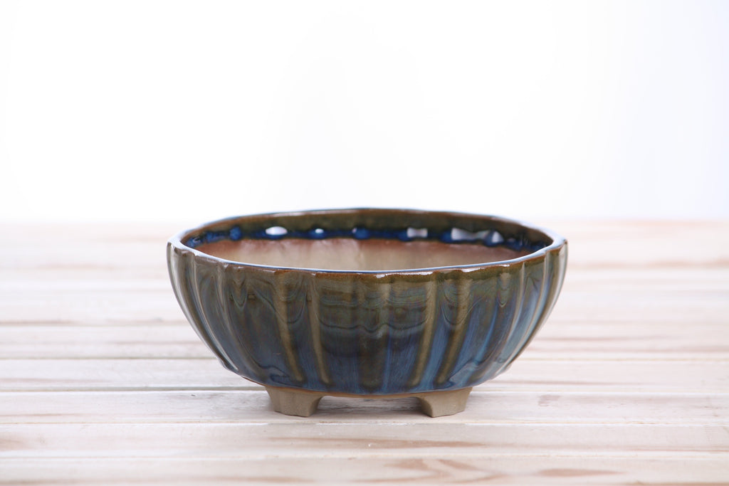 Front view of the blue-green round fluted bonsai pot on a pale wooden surface