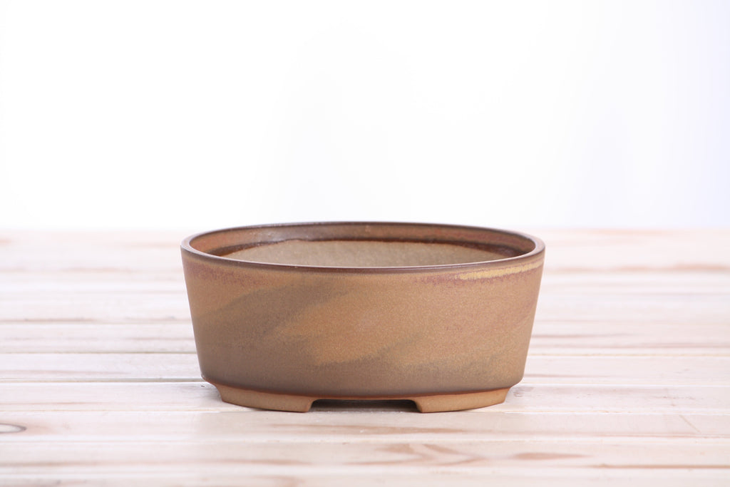 Front view of the tan-brown oval bonsai pot on a pale wooden surface