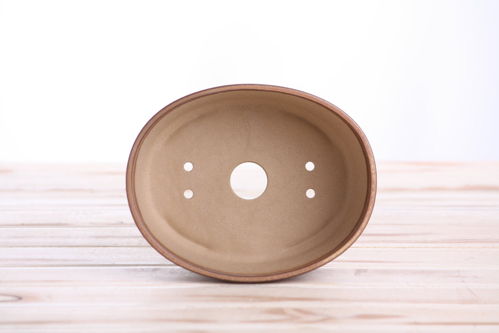 Interior view of the tan-brown oval bonsai pot showing a central drainage hole and four smaller openings