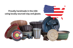 Pottery collection graphic with glazed pots, a U.S. flag map and text about American-made pottery