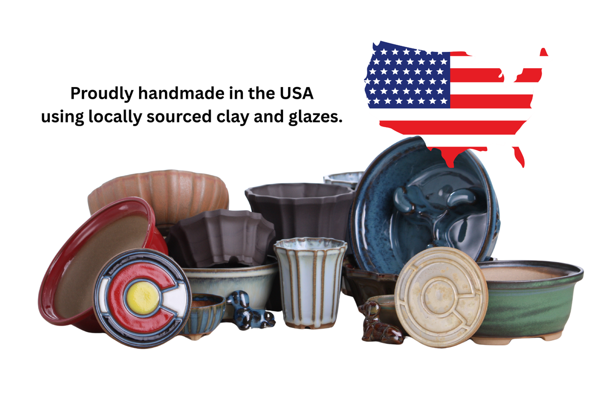 Pottery collection graphic with glazed pots, a U.S. flag map and text about American-made pottery