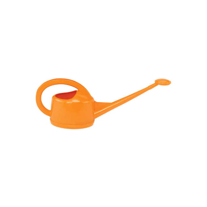 Orange watering can with a long narrow spout, small rose and large curved handle