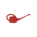 Red watering can with a long narrow spout, small rose and large curved handle