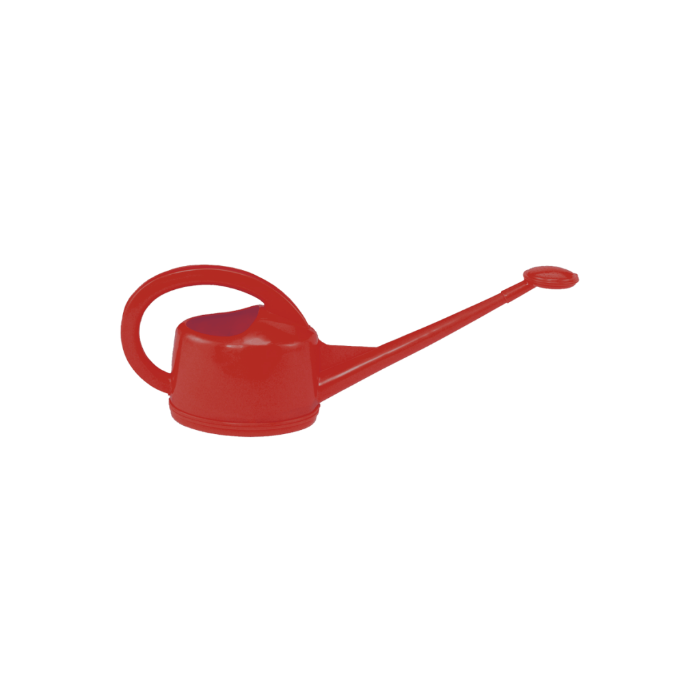 Red watering can with a long narrow spout, small rose and large curved handle
