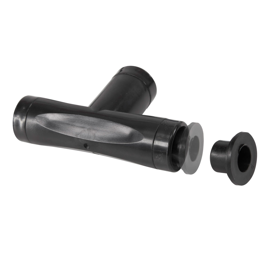 Close-up of a black tee fitting with a separate end plug