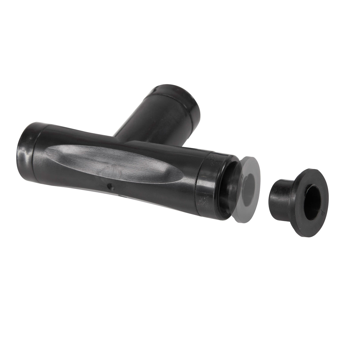 Close-up of a black tee fitting with a separate end plug