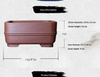 Dimension diagram depicting a red-brown rectangular pot with exterior and interior measurements