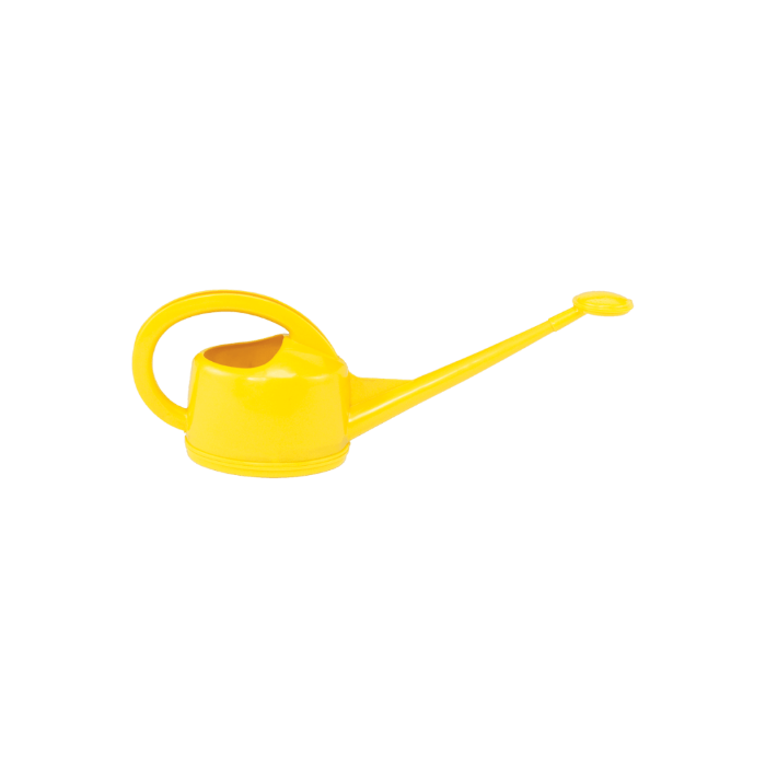 Yellow watering can with a long narrow spout, small rose and large curved handle