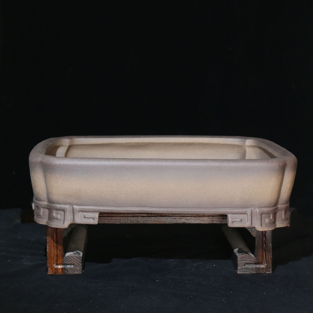 Large taupe rectangular purple-clay bonsai pot on display stand; stand not included
