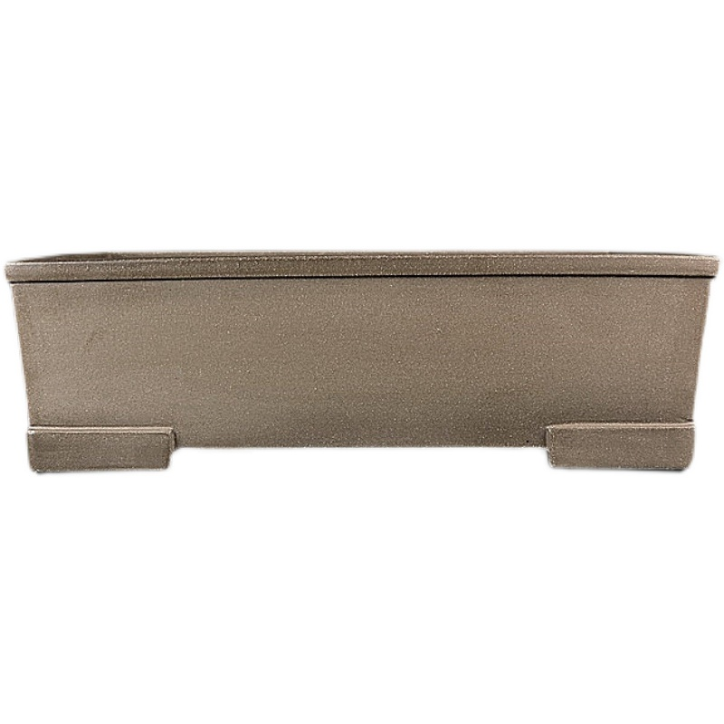 Isolated front view of taupe rectangular pot with block feet
