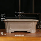 Tan paneled rectangular pot with labeled exterior 43 × 35.4 × 14.5 cm and interior 37.3 × 29.5 × 11.7 cm