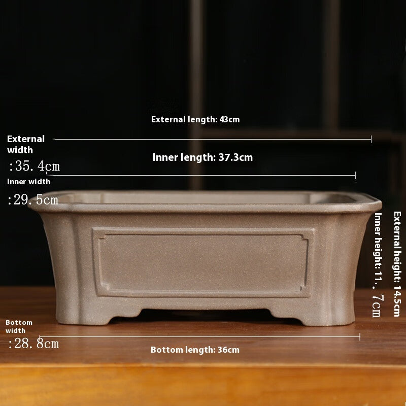 Tan paneled rectangular pot with labeled exterior 43 × 35.4 × 14.5 cm and interior 37.3 × 29.5 × 11.7 cm