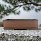 Plain brown rectangular bonsai pot, side view