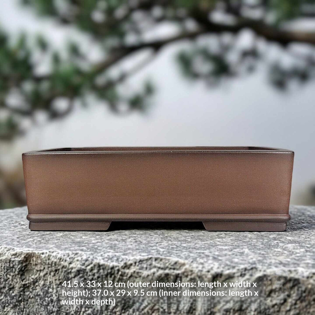 Plain brown rectangular bonsai pot, side view