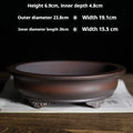 Brown oval pot with exterior and interior dimension labels
