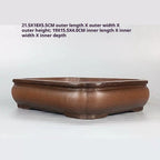 Angled brown pot showing rounded walls with exterior and interior dimension labels