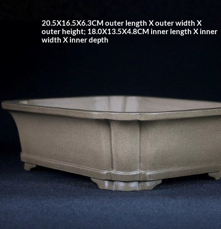 Angled taupe rectangular pot with measurement labels