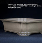 Angled taupe rectangular pot with measurement labels