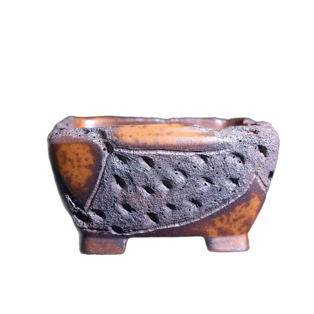 8.3" Square Yixing Zisha Clay Bonsai Pot - Wood-Fired Texture — isolated overall view