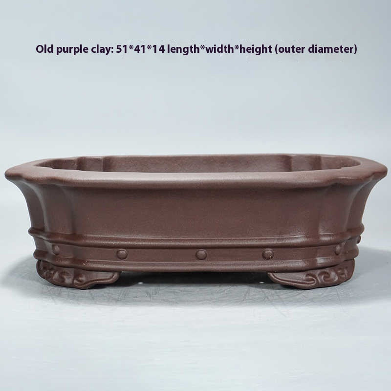 Brown lobed rectangular pot with measurement labels above