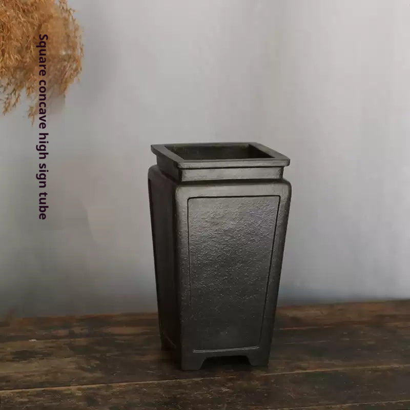 Tall charcoal square bonsai pot with framed panels and textured sides