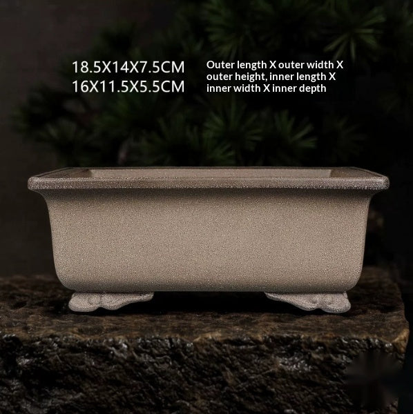 Taupe rectangular bonsai pot with exterior and interior measurement labels