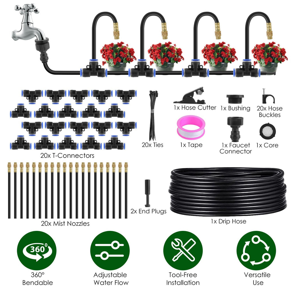 Irrigation kit diagram with a faucet connection, four potted plants and labeled components