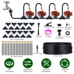 Irrigation kit diagram with a faucet connection, four potted plants and labeled components