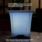 Tall light blue square pot with recessed panels, decorative feet and exterior and interior measurement labels