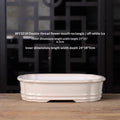 Ivory-glazed rectangular bonsai pot with rounded corners and double horizontal bands, with measurements above