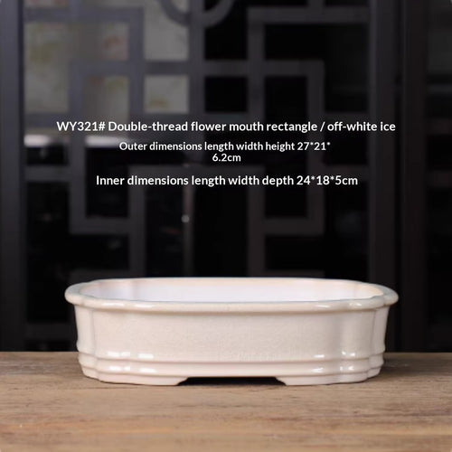 Ivory-glazed rectangular bonsai pot with rounded corners and double horizontal bands, with measurements above