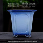 Tall blue square pot with exterior and interior measurement labels