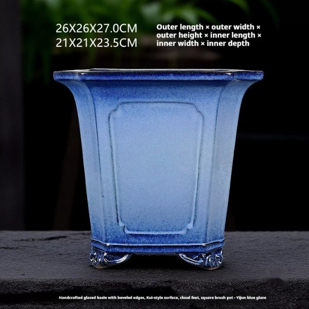 Tall blue square pot with exterior and interior measurement labels