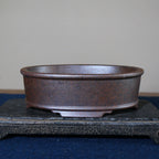 Front profile of mottled brown oval pot on a stone stand