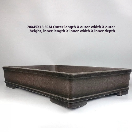 Angled view of the rectangular bonsai pot with 70 × 45 × 13.5 cm exterior measurement label