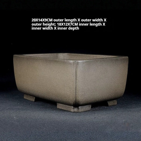 Angled gray-brown rectangular pot with measurement labels