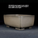 Angled gray-brown rectangular pot with measurement labels
