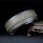 Raised stud detail on gray clay drum bonsai pot
