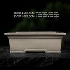 Gray rectangular bonsai pot with exterior and interior measurement labels