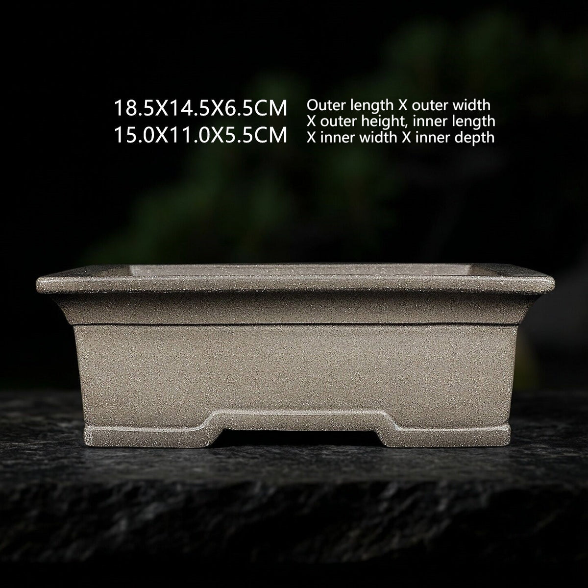 Gray rectangular bonsai pot with exterior and interior measurement labels